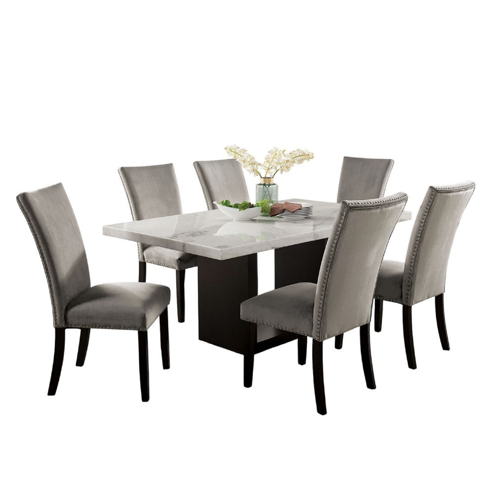 Ronda 7pc Dining Table Set w Marble Top | Gray Fabric Chairs | White