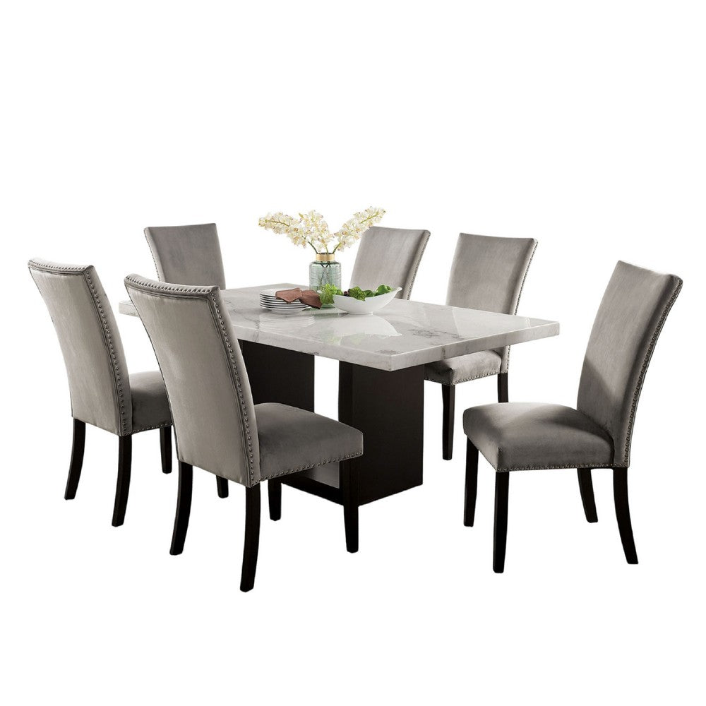 Ronda 7pc Dining Table Set w Marble Top | Gray Fabric Chairs | White