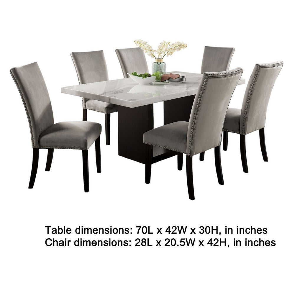 Ronda 7pc Dining Table Set w Marble Top | Gray Fabric Chairs | White