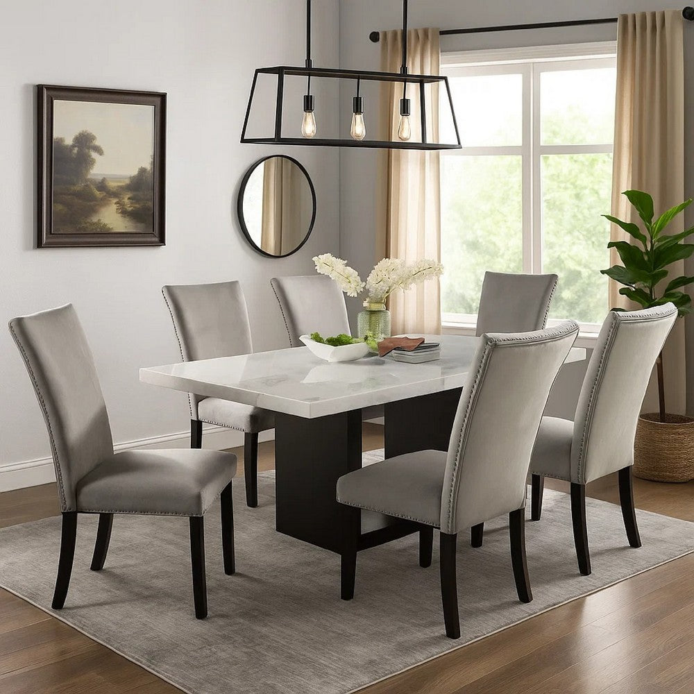 Ronda 7pc Dining Table Set w Marble Top | Gray Fabric Chairs | White