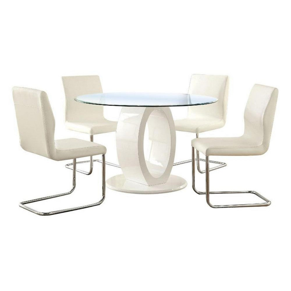 Gregy 5pc Round Dining Table Set | Oval Pedestal Base | White Fabric