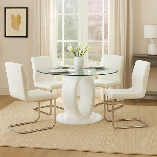 Gregy 5pc Round Dining Table Set | Oval Pedestal Base | White Fabric
