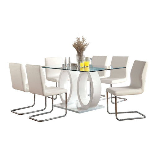Gregy 7pc Rectangular Glass Dining Table Set | Dual Pedestal| White Fabric