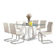 Gregy 7pc Rectangular Glass Dining Table Set | Dual Pedestal| White Fabric