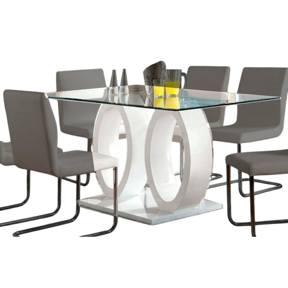 Gregy 7pc Rectangular Glass Dining Table Set | Dual Pedestal| White Fabric