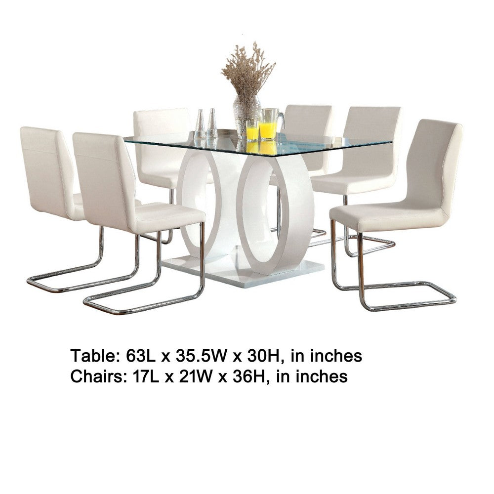 Gregy 7pc Rectangular Glass Dining Table Set | Dual Pedestal| White Fabric