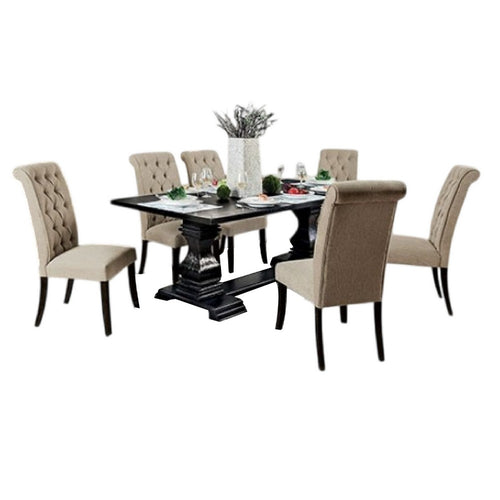 Erixa 7pc Dining Table Set w 6 Fabric Chairs | Scroll Details | Black