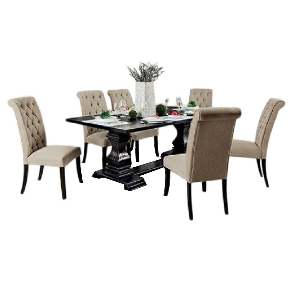 Erixa 7pc Dining Table Set w 6 Fabric Chairs | Scroll Details | Black
