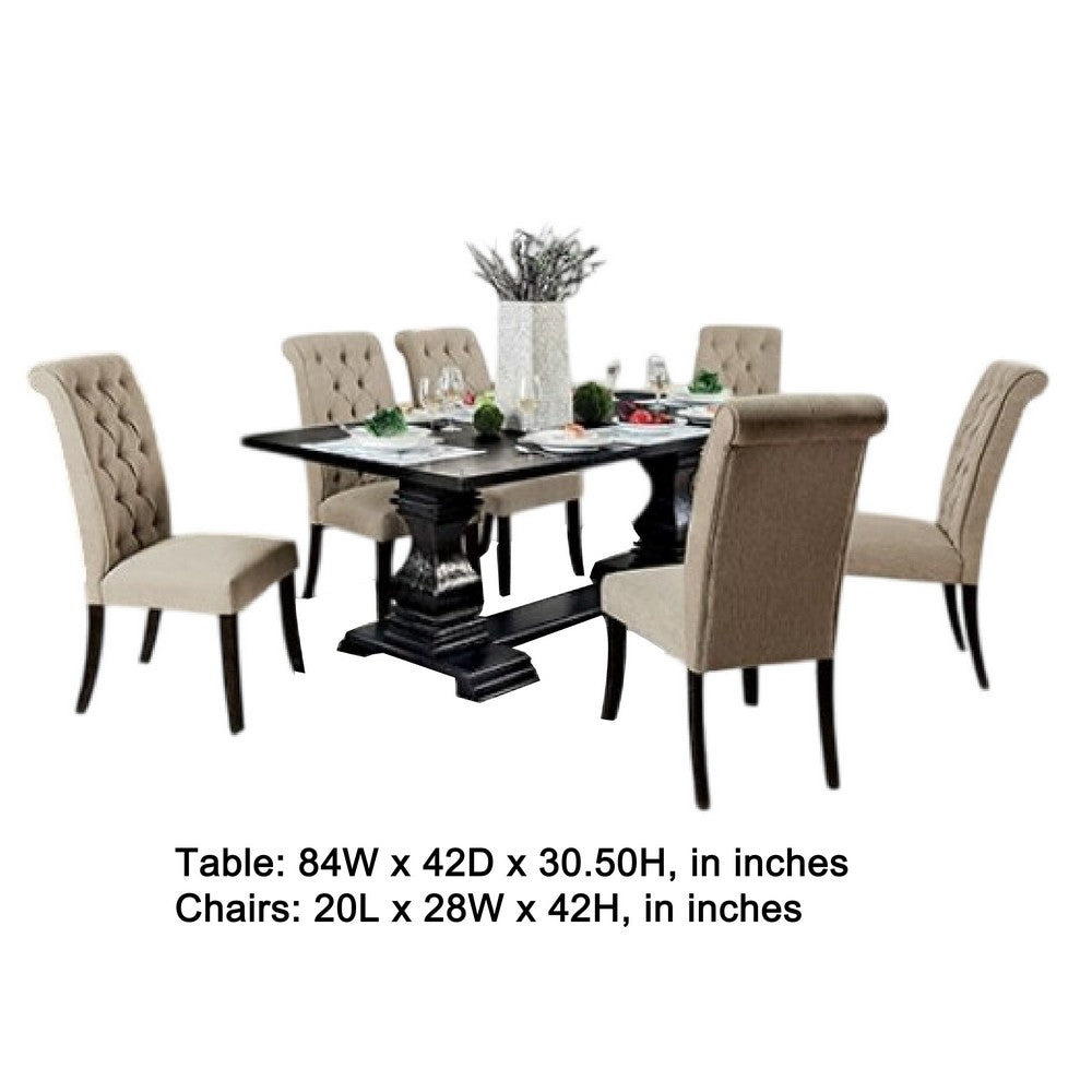 Erixa 7pc Dining Table Set w 6 Fabric Chairs | Scroll Details | Black