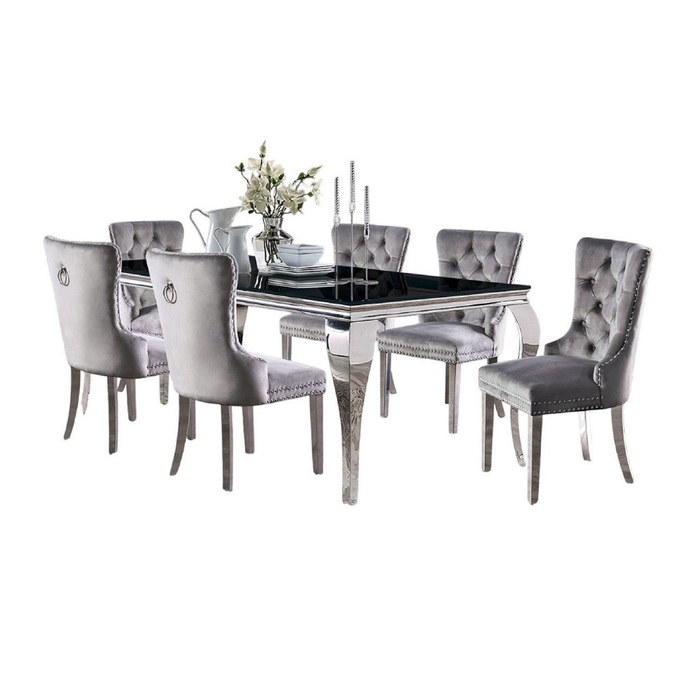Vendy 7pc Dining Set w Tempered Glass Table | Gray Wingback Chairs