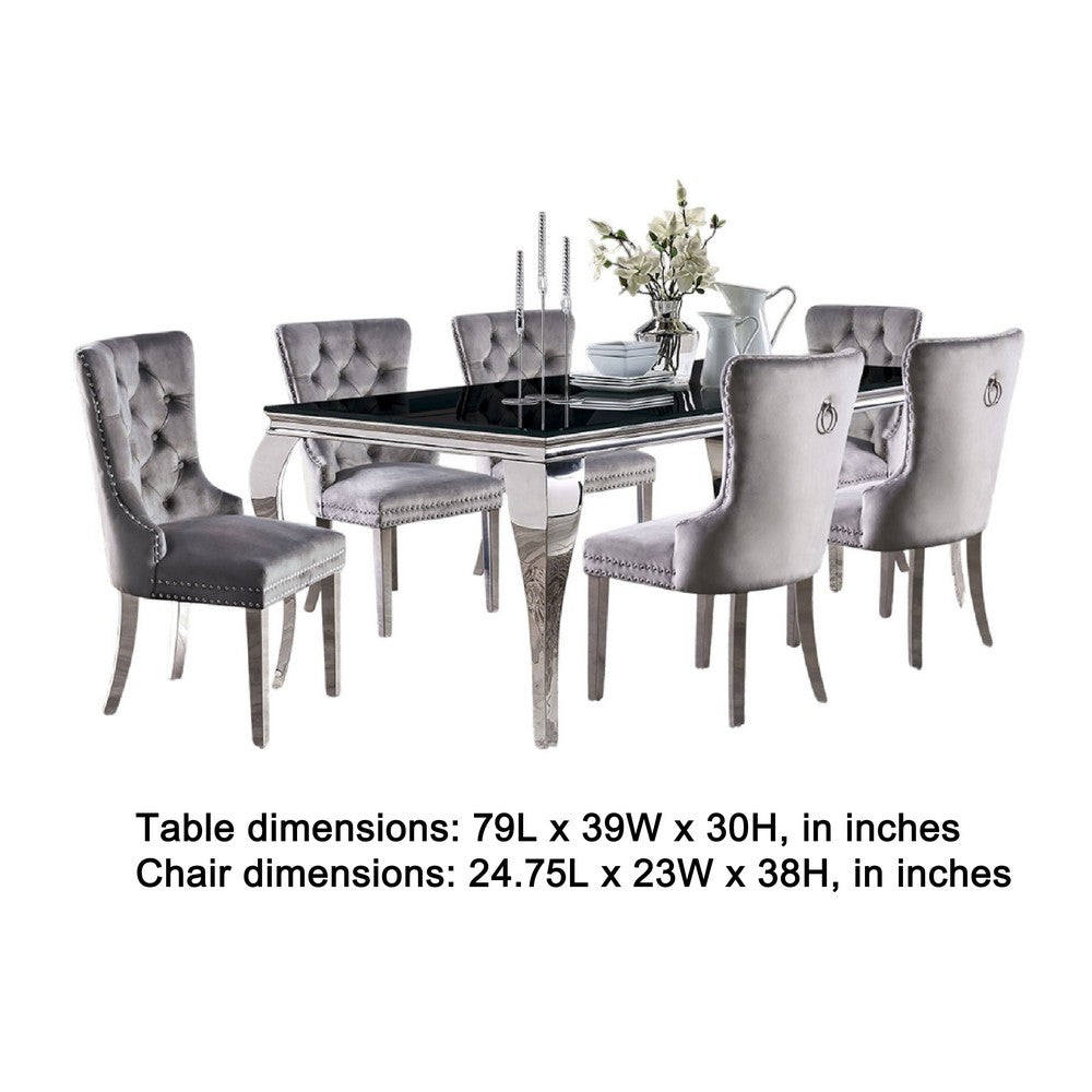Vendy 7pc Dining Set w Tempered Glass Table | Gray Wingback Chairs