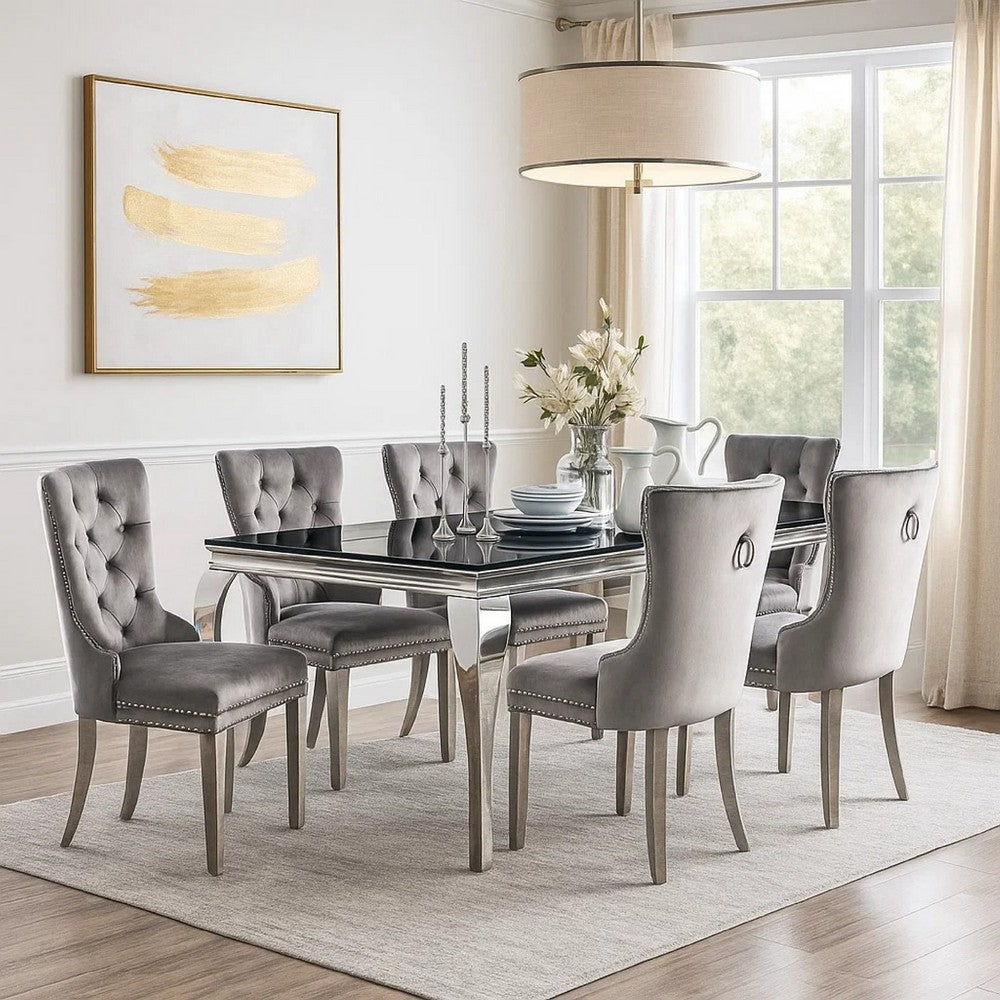Vendy 7pc Dining Set w Tempered Glass Table | Gray Wingback Chairs