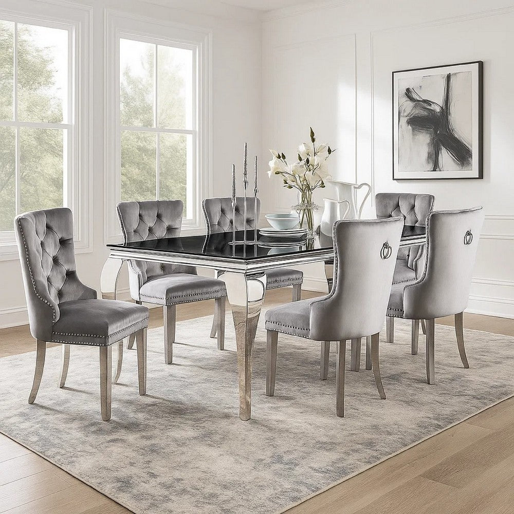 Vendy 7pc Dining Set w Tempered Glass Table | Gray Wingback Chairs