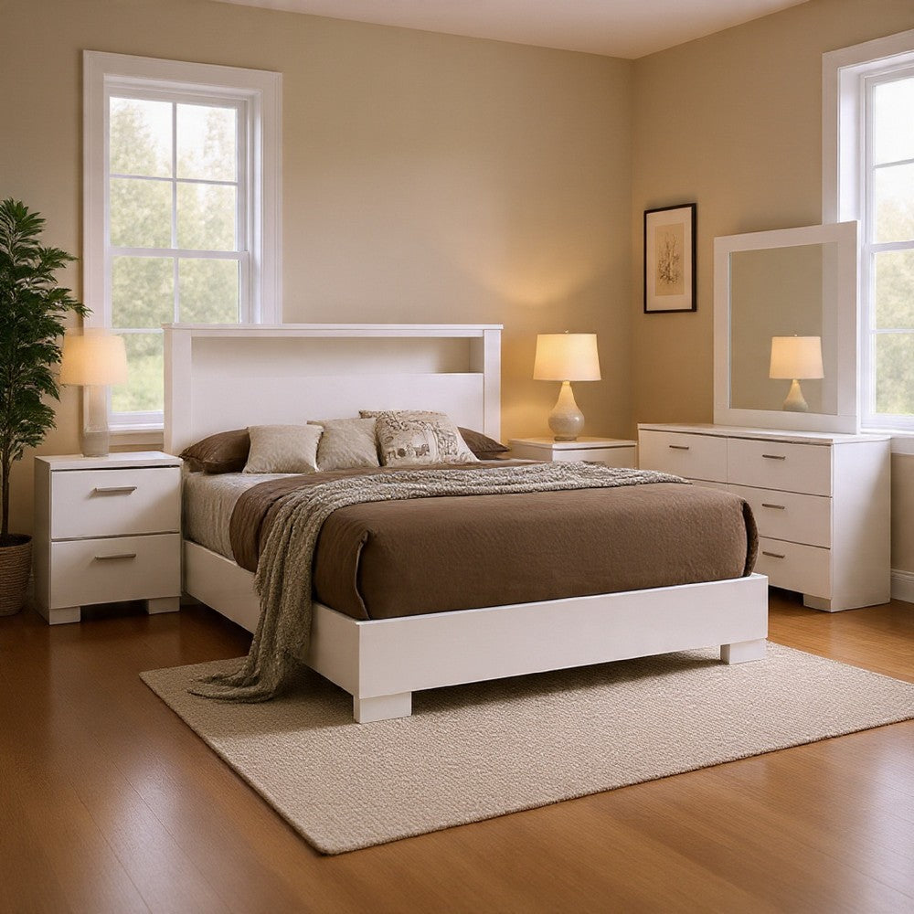 Aman 4pc Queen Bedroom Set | LED Headboard w Shelf | White Wood