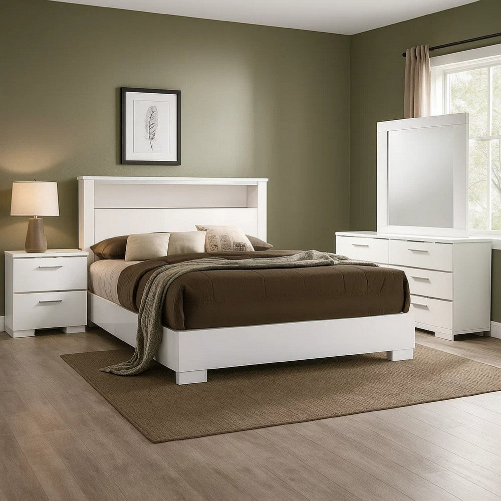Aman 4pc Queen Bedroom Set | LED Headboard w Shelf | White Wood