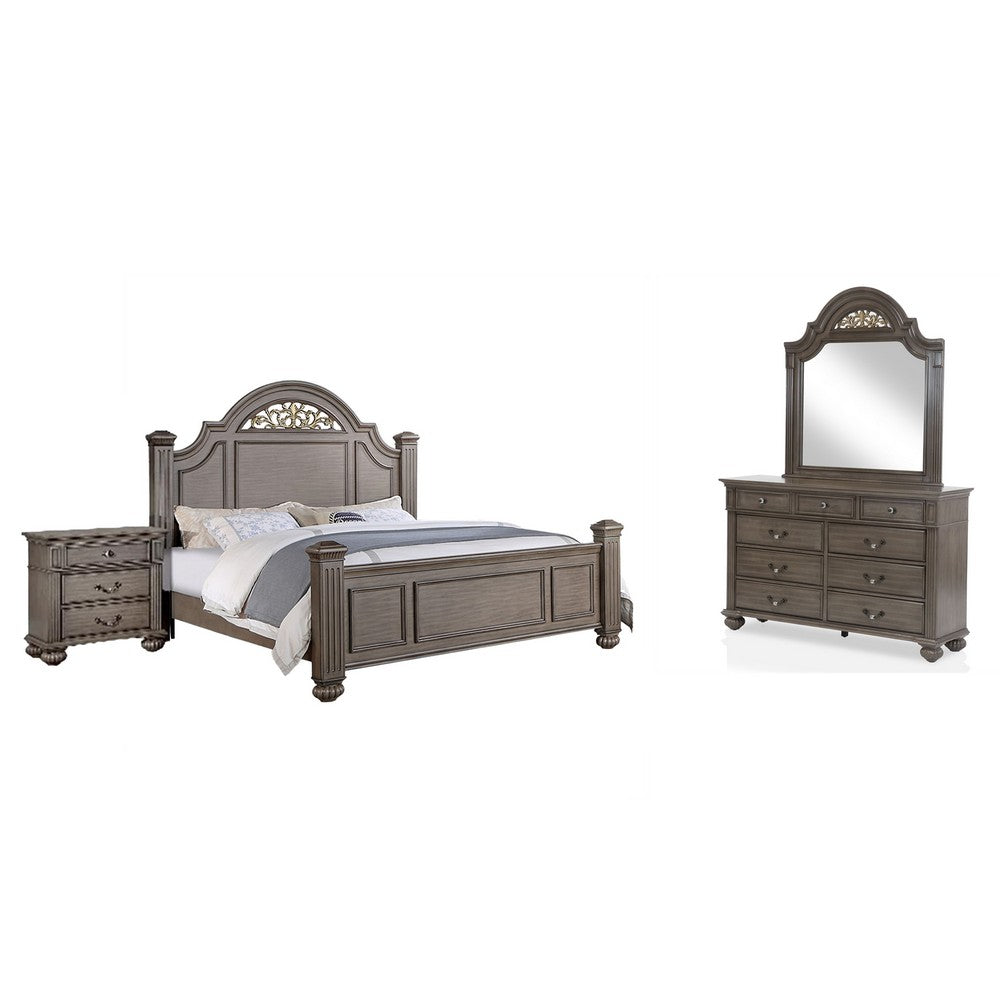 Recus 4pc Queen Bedroom Set w Carved Floral Details | Gray Wood