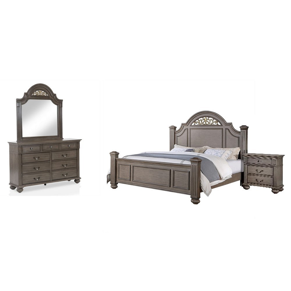 Recus 4pc Queen Bedroom Set w Carved Floral Details | Gray Wood