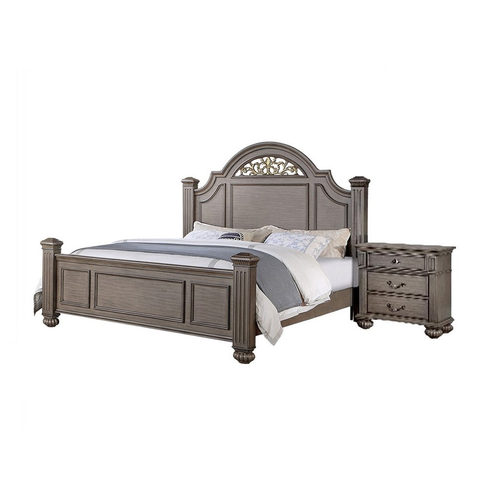 Recus 4pc Queen Bedroom Set w Carved Floral Details | Gray Wood