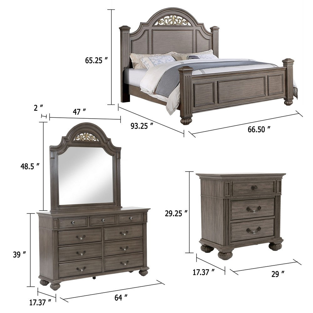 Recus 4pc Queen Bedroom Set w Carved Floral Details | Gray Wood