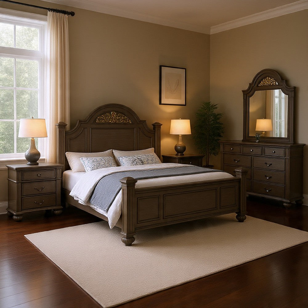 Recus 4pc Queen Bedroom Set w Carved Floral Details | Gray Wood