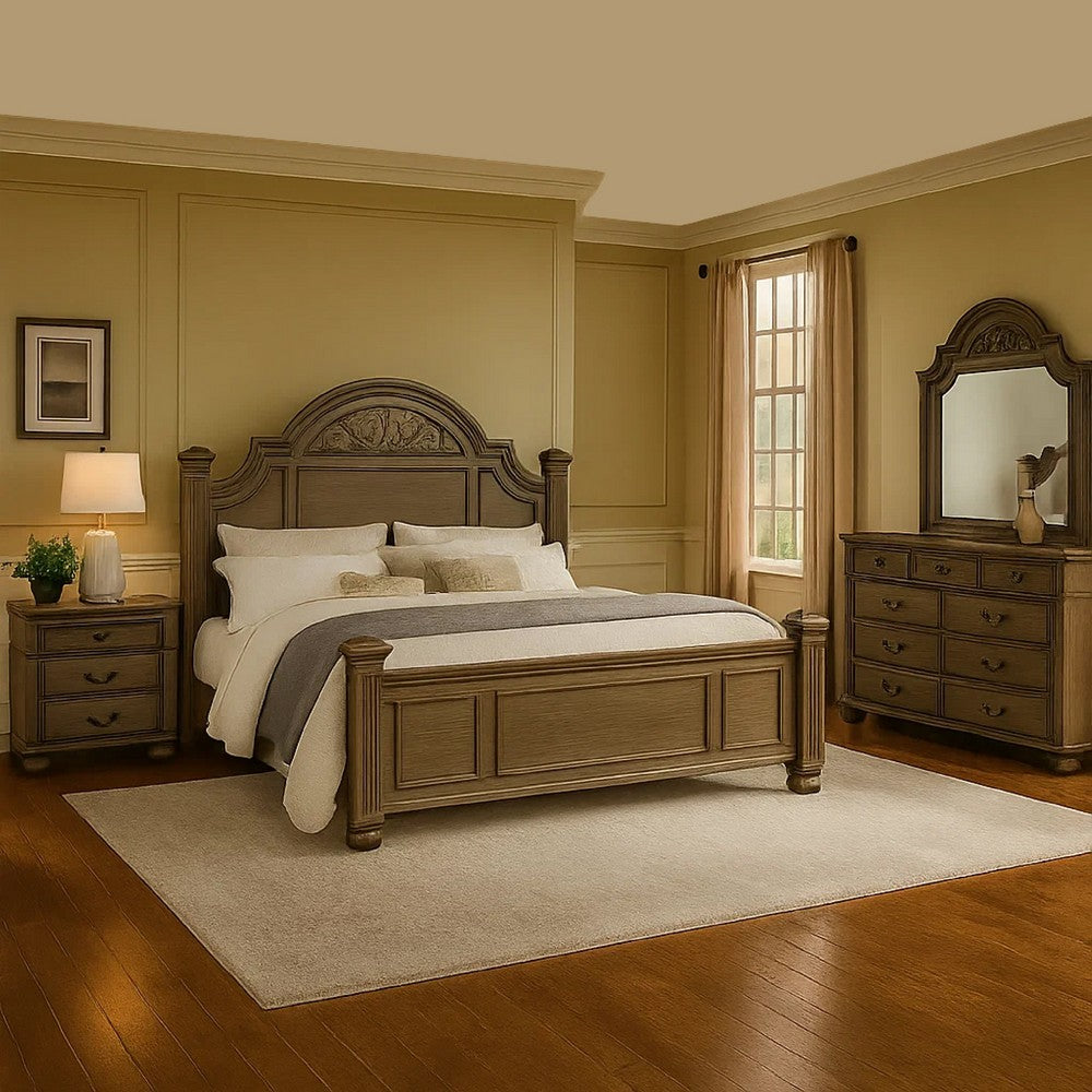 Recus 4pc Queen Bedroom Set w Carved Floral Details | Gray Wood