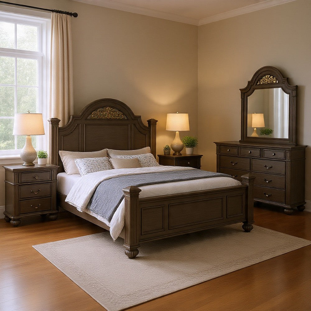 Recus 4pc Queen Bedroom Set w Carved Floral Details | Gray Wood