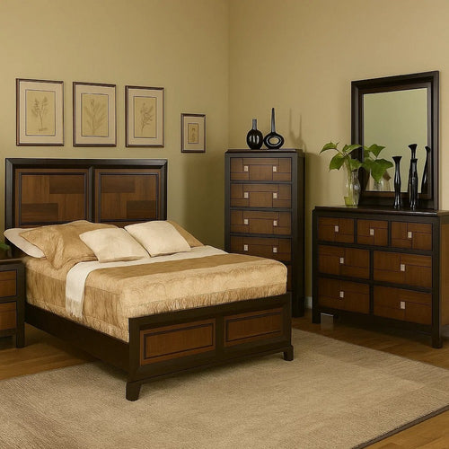 Nera 5pc Queen Bedroom Set | Tall Dresser | Black Brown Acacia Walnut