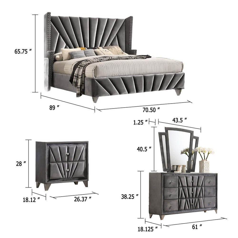 Ino 4pc Queen Bedroom Set w Wingback Headboard | Gray Upholstery
