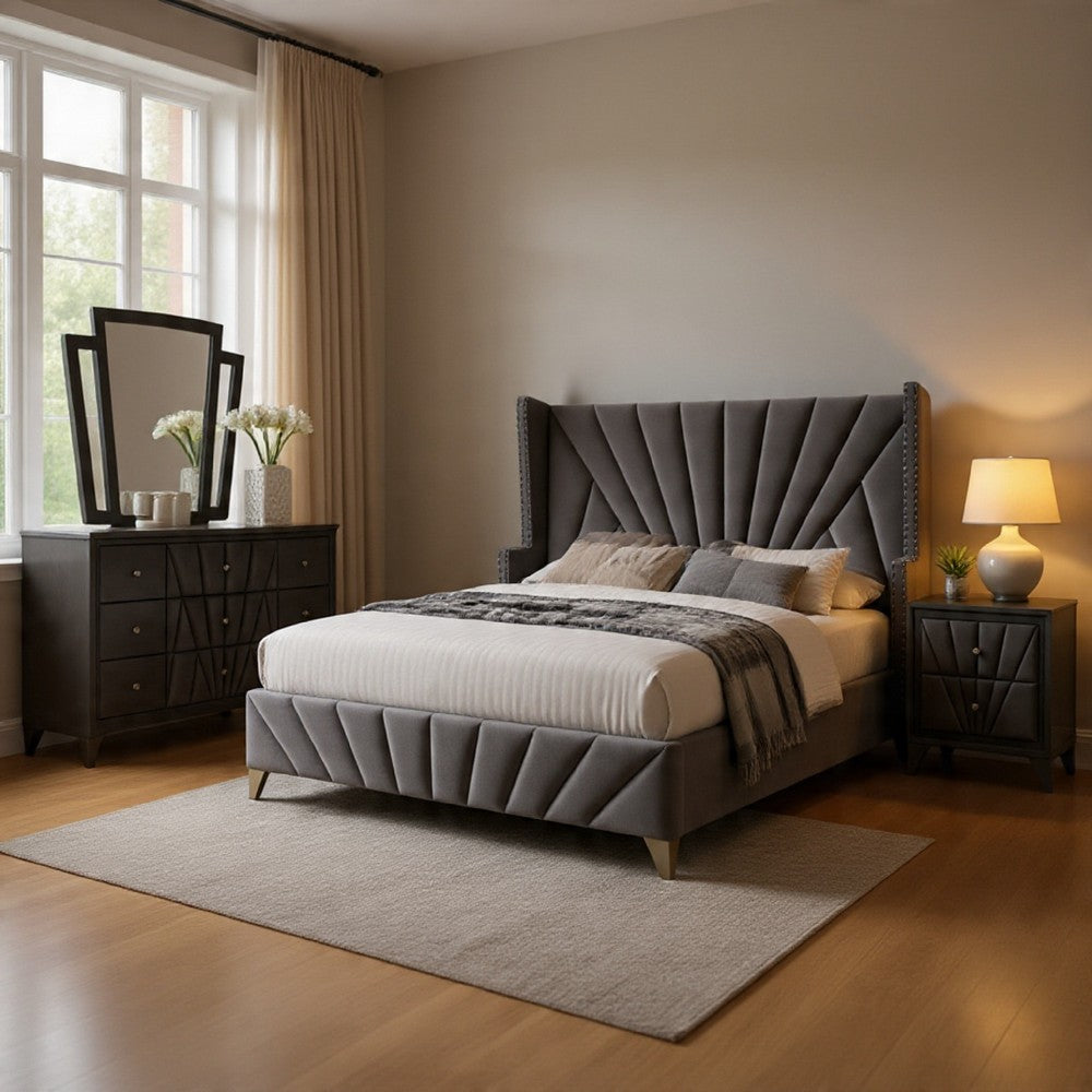 Ino 4pc Queen Bedroom Set w Wingback Headboard | Gray Upholstery