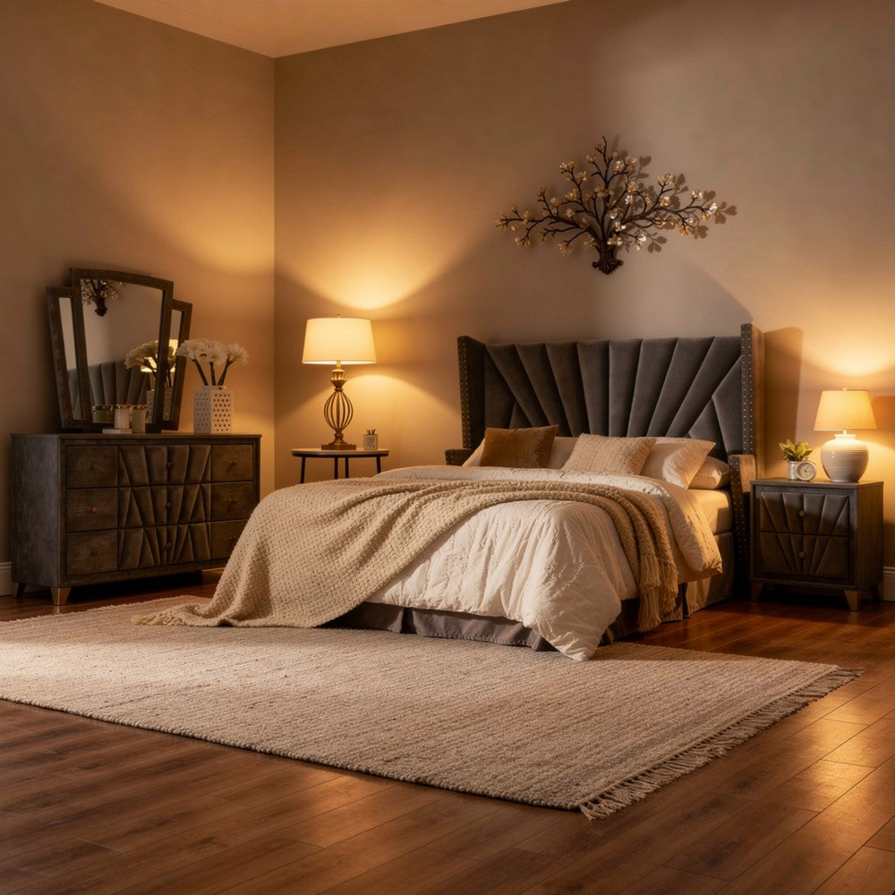 Ino 4pc Queen Bedroom Set w Wingback Headboard | Gray Upholstery