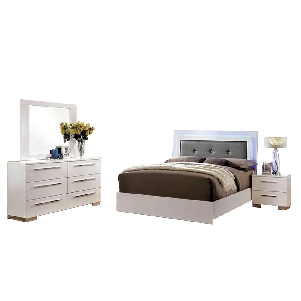 Gely 4pc Queen Bedroom Set | Button Tufted Upholstery | LED | Glossy White