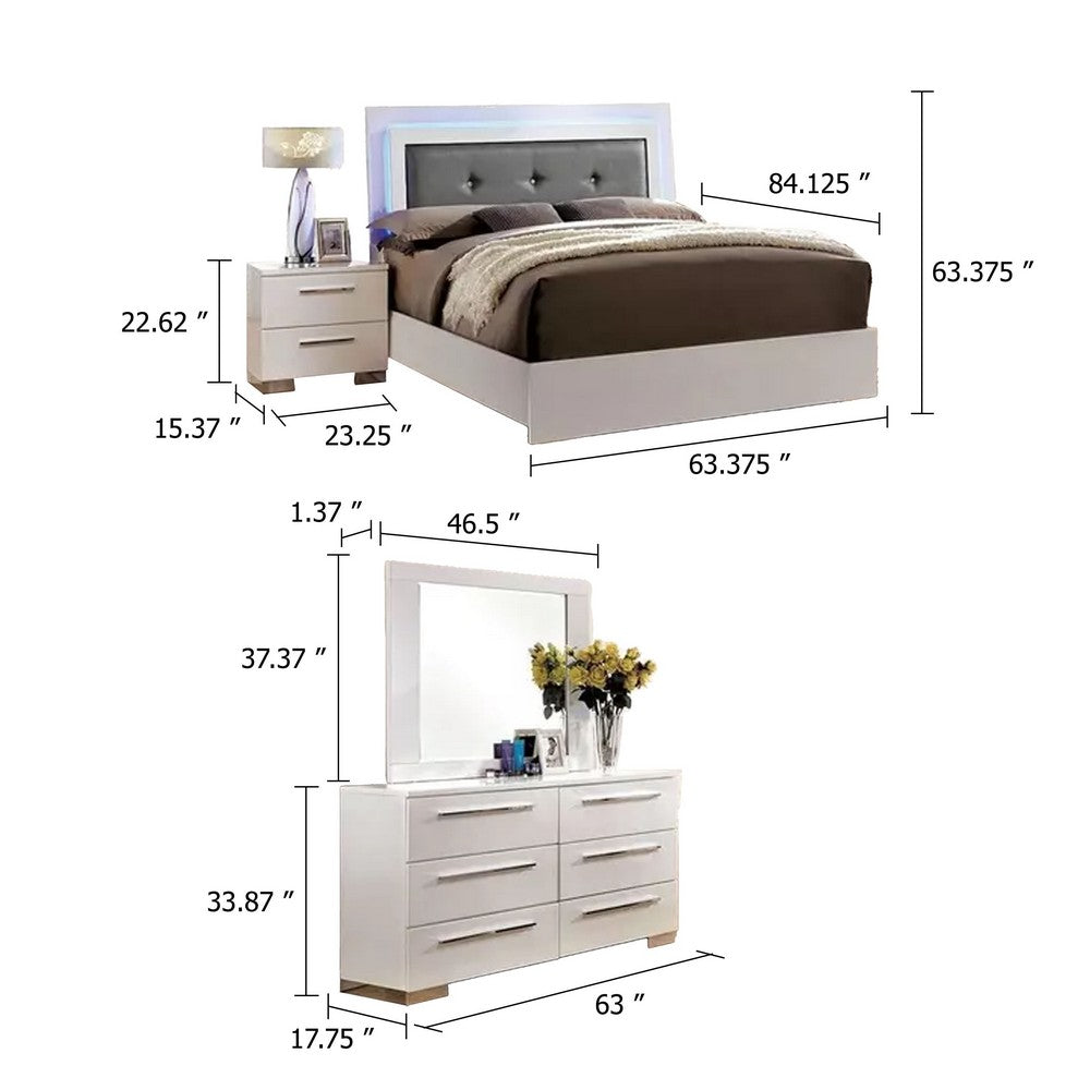 Gely 4pc Queen Bedroom Set | Button Tufted Upholstery | LED | Glossy White