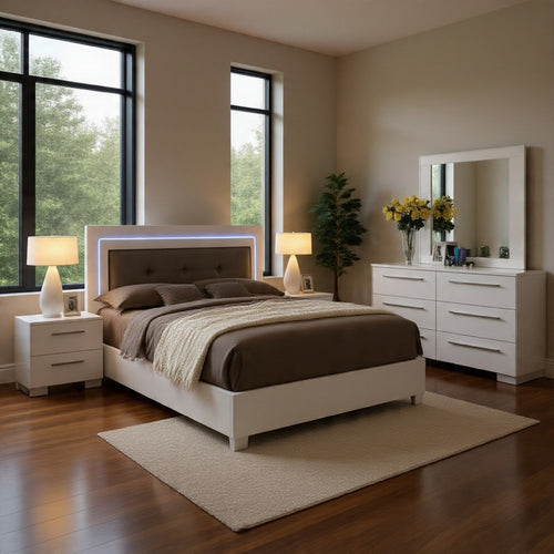 Gely 5pc Queen Bedroom Set | 2 Nightstands | Button Tufted | LED | White
