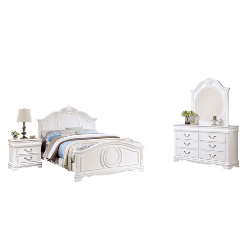 Aleci 4pc Twin Bed Set w Nightstand | Bell Shape Headboard | White Wood