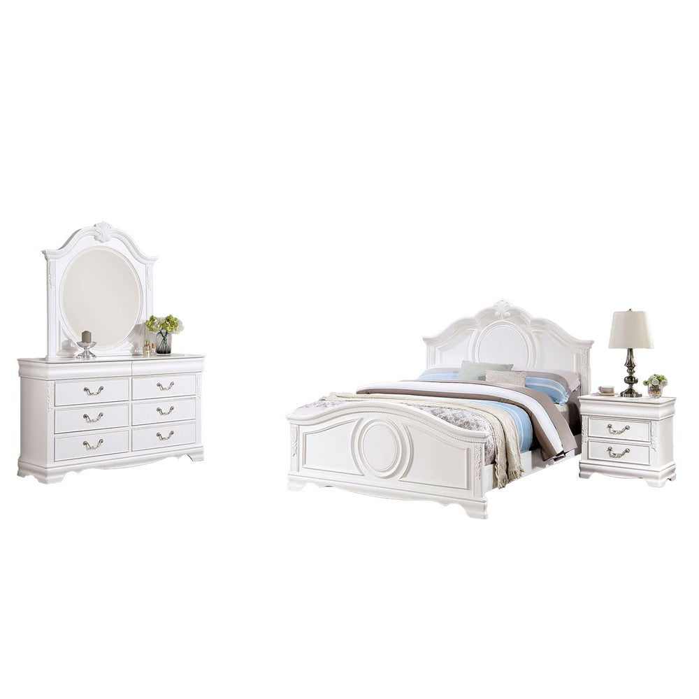 Aleci 4pc Twin Bed Set w Nightstand | Bell Shape Headboard | White Wood
