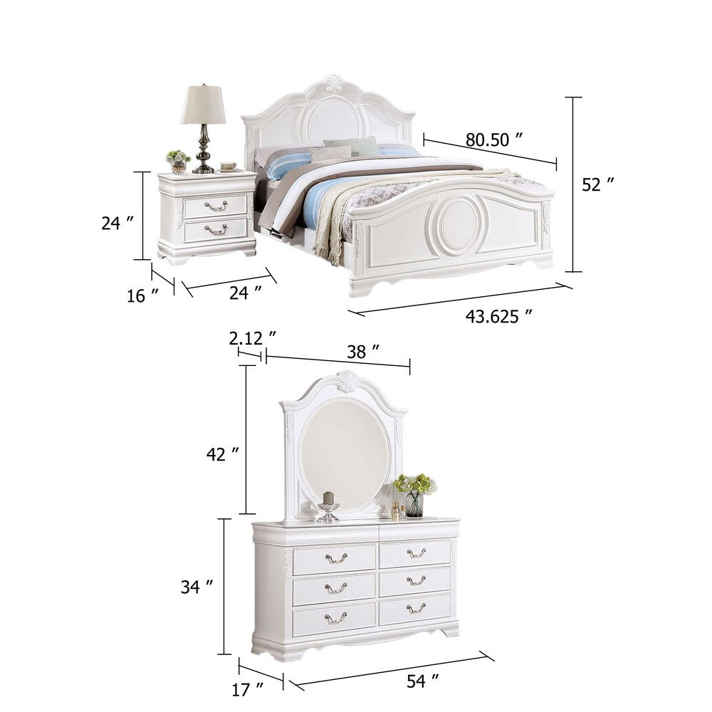 Aleci 4pc Twin Bed Set w Nightstand | Bell Shape Headboard | White Wood