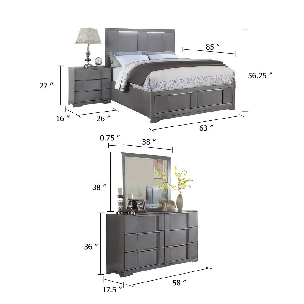 Levice 4pc Queen Bedroom Set | LED Headboard | Dresser w Mirror | Gray