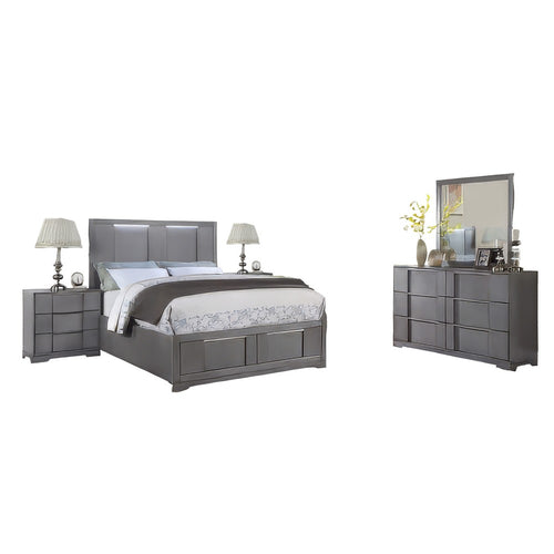 Levice 5pc Queen Bedroom Set | LED Headboard | 2 Nightstands Mirror | Gray