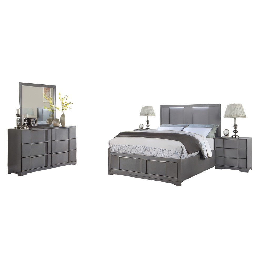 Levice 5pc Queen Bedroom Set | LED Headboard | 2 Nightstands Mirror | Gray