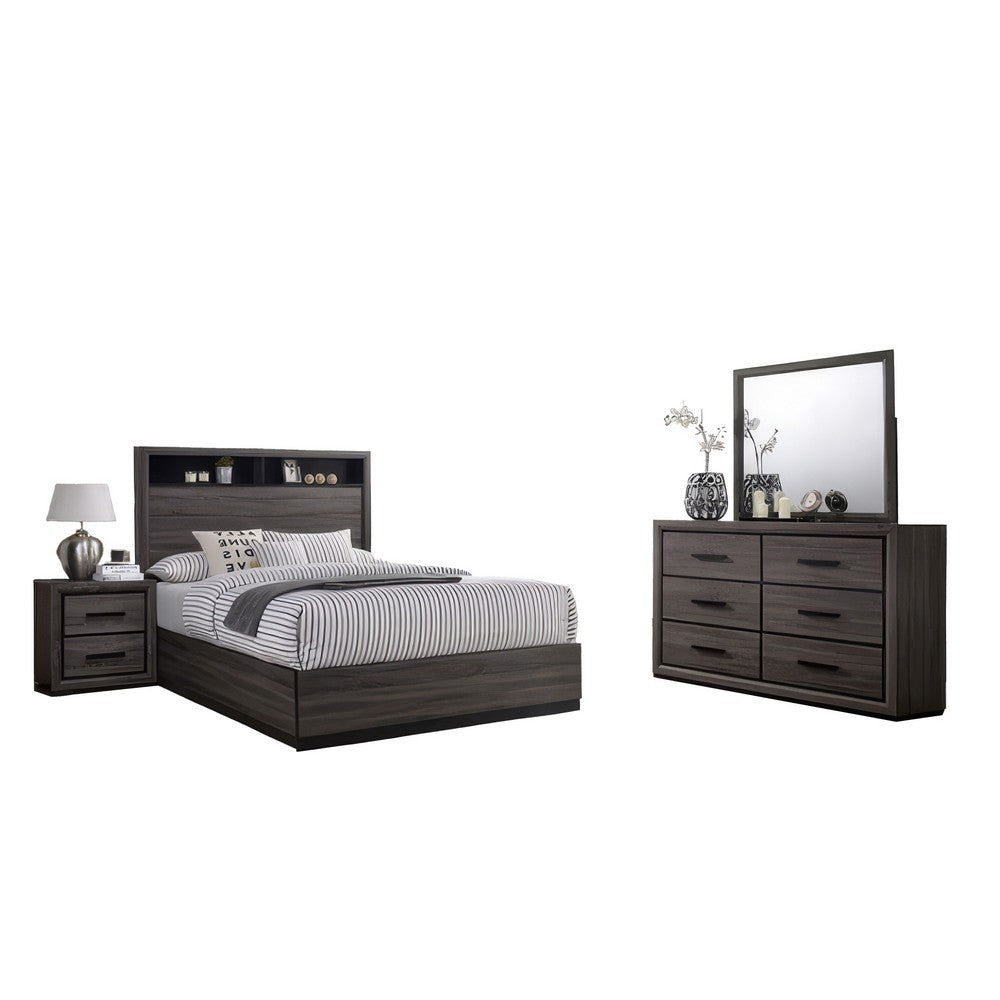 Kalie 4pc Queen Bedroom Set w Bookcase Headboard | Storage | Gray Wood