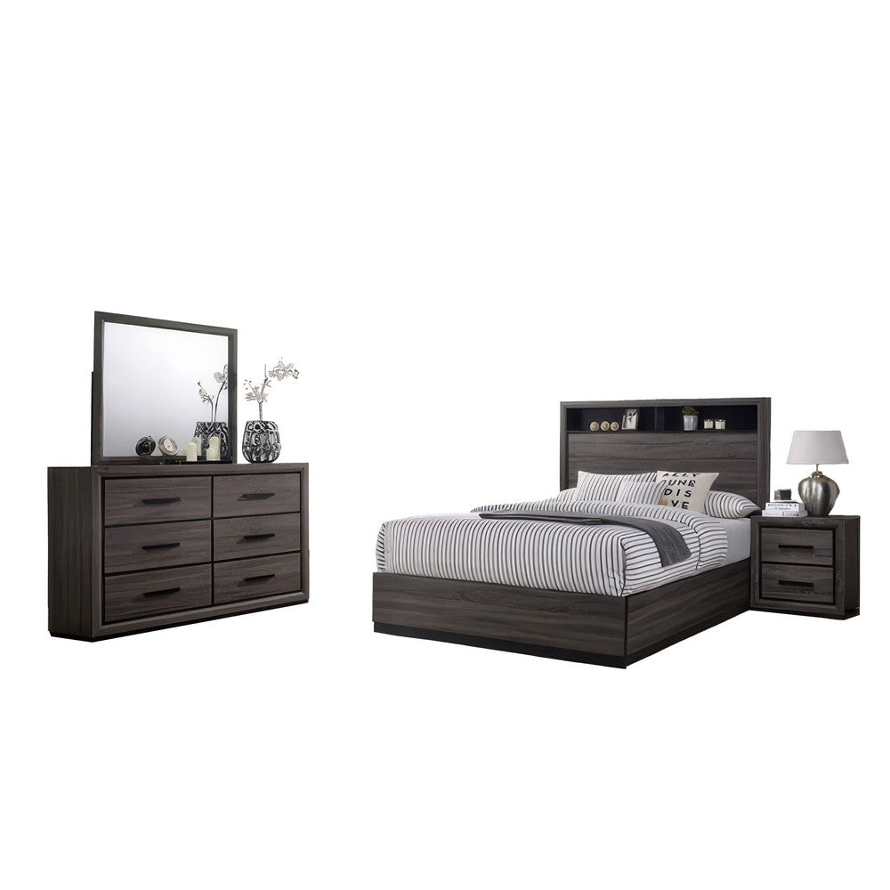 Kalie 4pc Queen Bedroom Set w Bookcase Headboard | Storage | Gray Wood