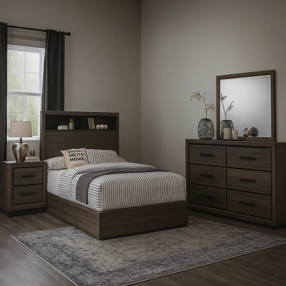 Kalie 4pc Queen Bedroom Set w Bookcase Headboard | Storage | Gray Wood