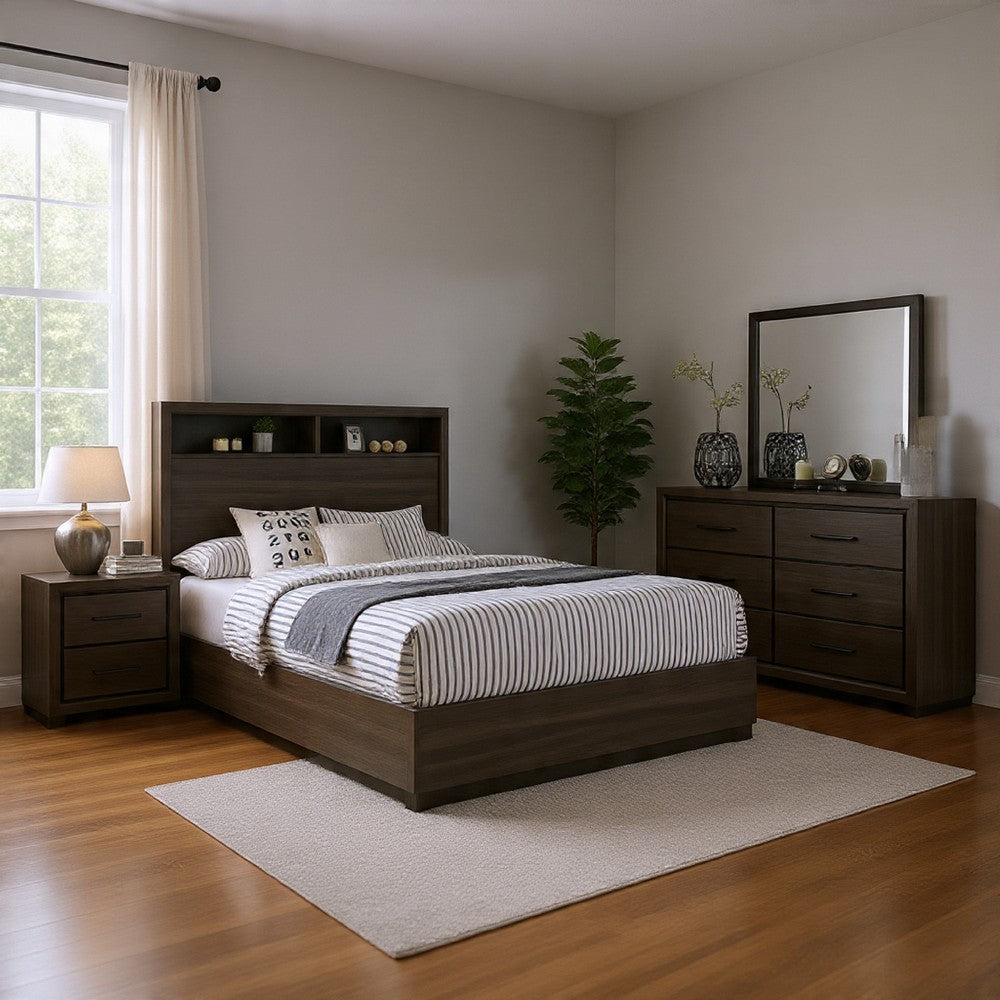 Kalie 4pc Queen Bedroom Set w Bookcase Headboard | Storage | Gray Wood