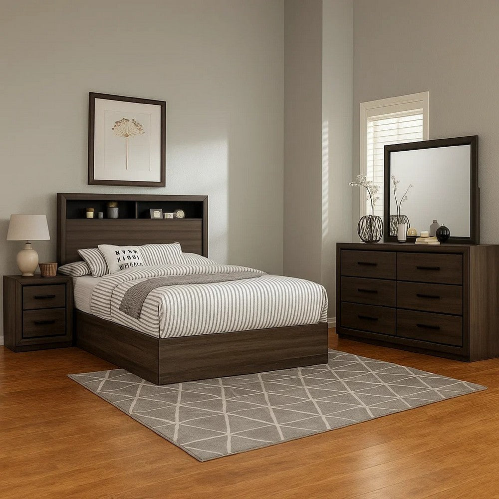 Kalie 4pc Queen Bedroom Set w Bookcase Headboard | Storage | Gray Wood