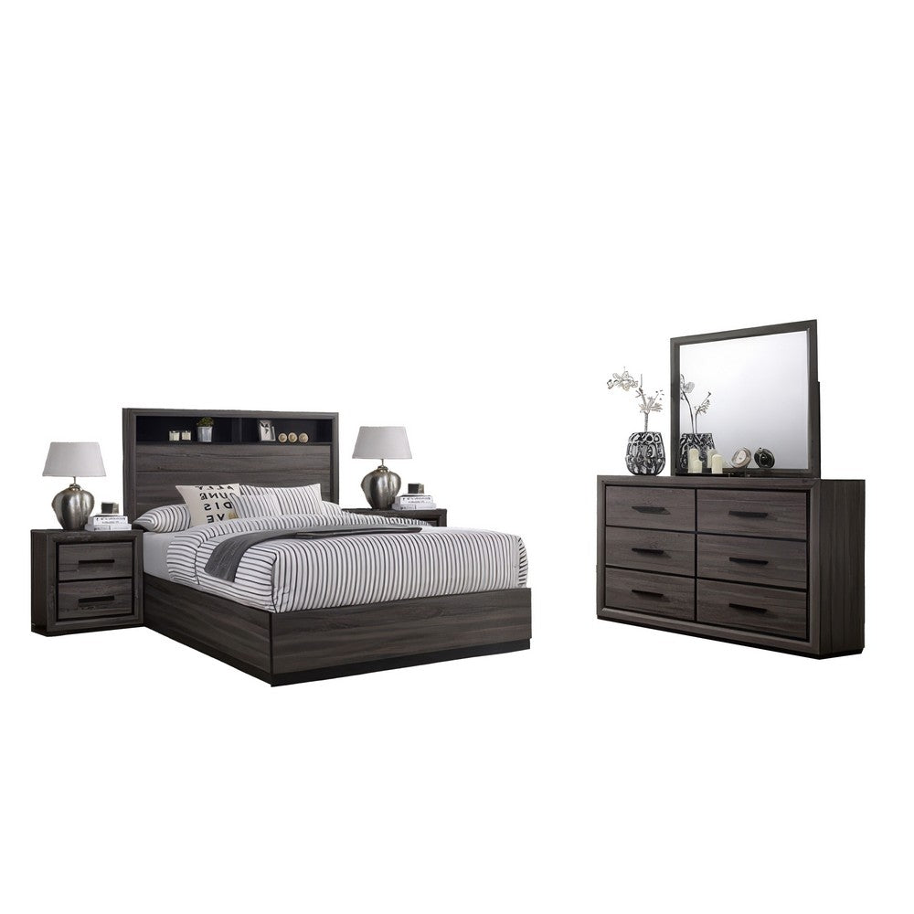 Kalie 5pc Queen Bedroom Set w Bookcase Headboard | 2 Nightstands | Gray
