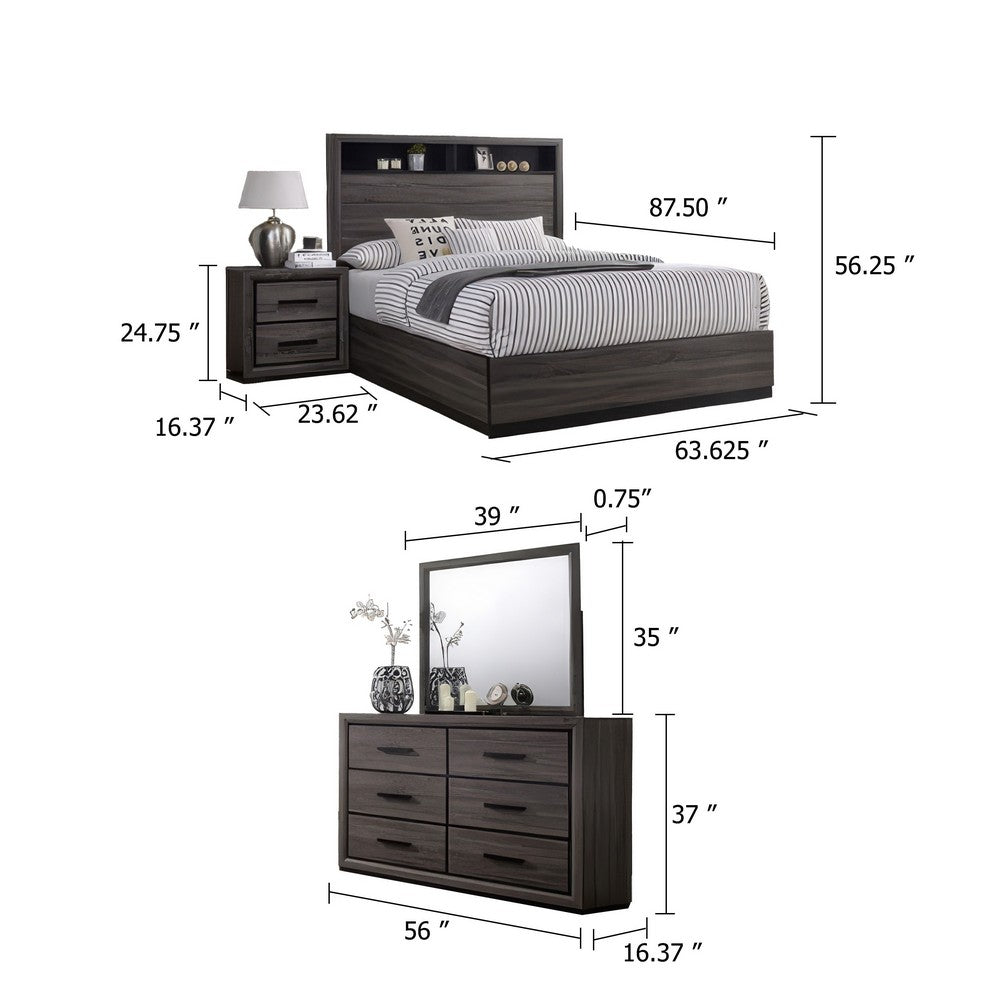 Kalie 5pc Queen Bedroom Set w Bookcase Headboard | 2 Nightstands | Gray