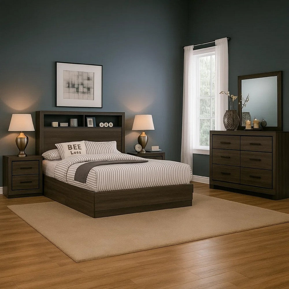 Kalie 5pc Queen Bedroom Set w Bookcase Headboard | 2 Nightstands | Gray