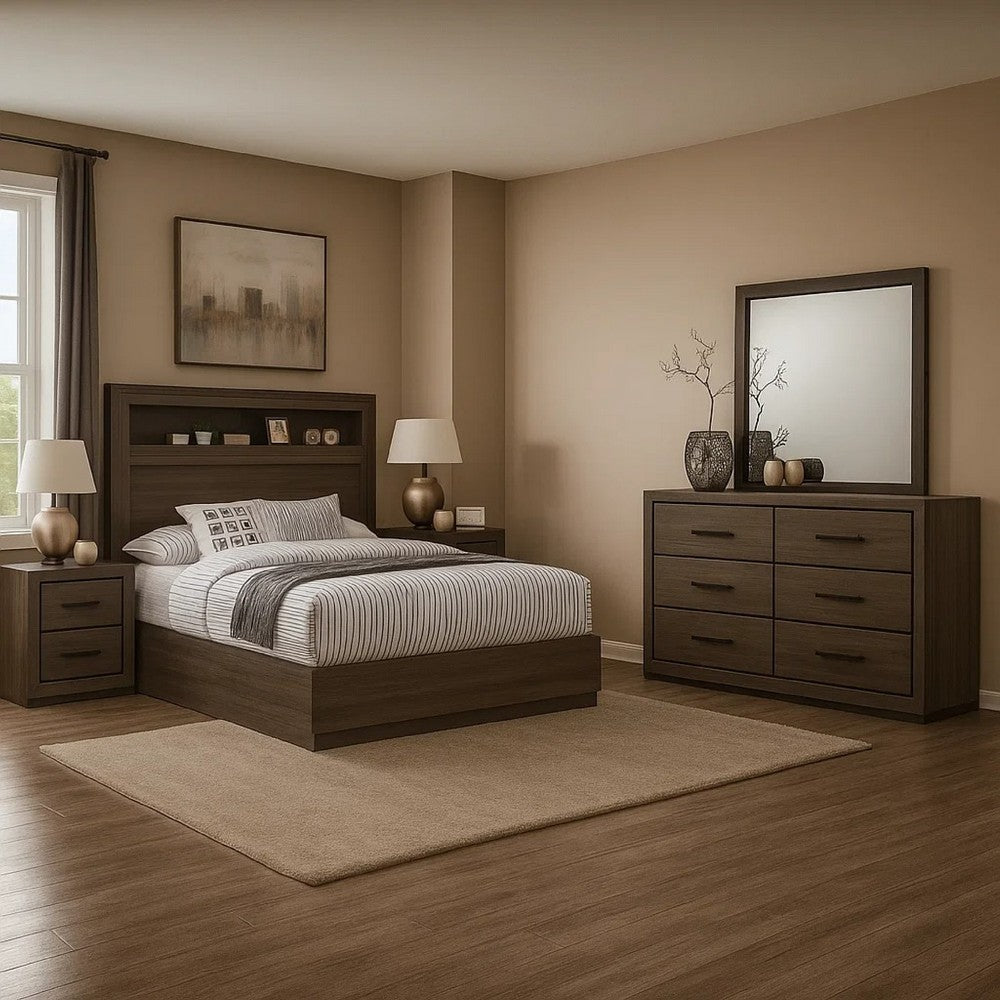 Kalie 5pc Queen Bedroom Set w Bookcase Headboard | 2 Nightstands | Gray