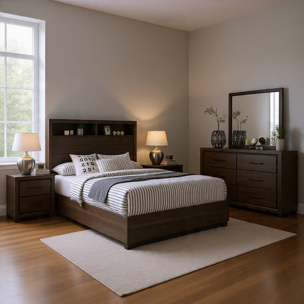Kalie 5pc Queen Bedroom Set w Bookcase Headboard | 2 Nightstands | Gray