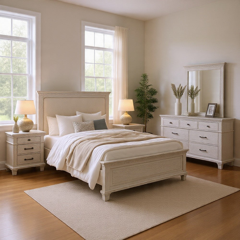 Leyne 4pc Queen Bedroom Set | Cream Upholstery | Weathered Gray